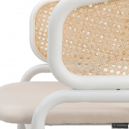 LeisureMod Ervilla Modern Dining Armchair with White Powder Coated Steel Legs and Wicker Back - Beige