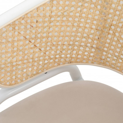 LeisureMod Ervilla Modern Dining Armchair with White Powder Coated Steel Legs and Wicker Back - Beige