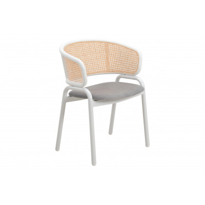 LeisureMod - Ervilla Modern Dining Armchair with White Powder Coated Steel Legs and Wicker Back