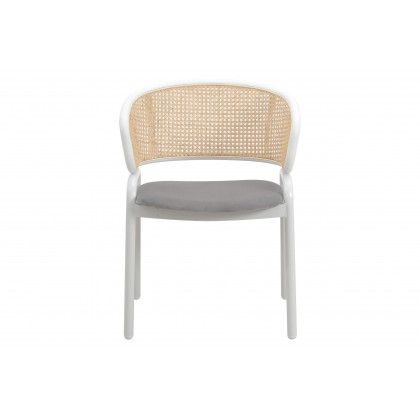 LeisureMod Ervilla Modern Dining Armchair with White Powder Coated Steel Legs and Wicker Back - Gray