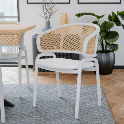 LeisureMod Ervilla Modern Dining Armchair with White Powder Coated Steel Legs and Wicker Back - White