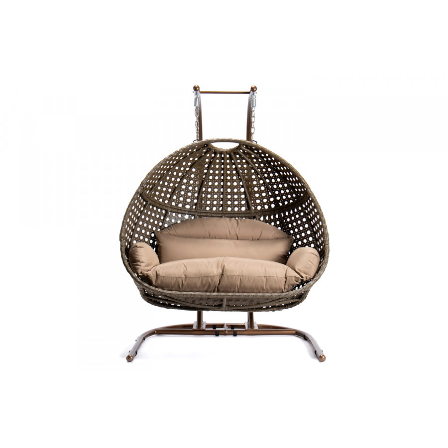 LeisureMod Wicker Hanging Double Egg Beige Swing Chair - Brown