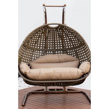 LeisureMod Wicker Hanging Double Egg Beige Swing Chair - Brown