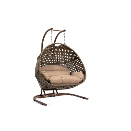 LeisureMod Wicker Hanging Double Egg Beige Swing Chair - Brown