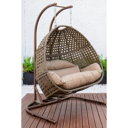 LeisureMod Wicker Hanging Double Egg Beige Swing Chair - Brown