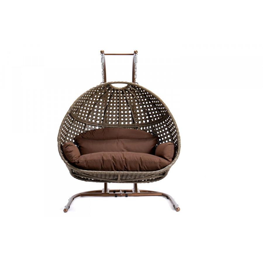LeisureMod Wicker Hanging Double Egg Beige Swing Chair - Dark Brown