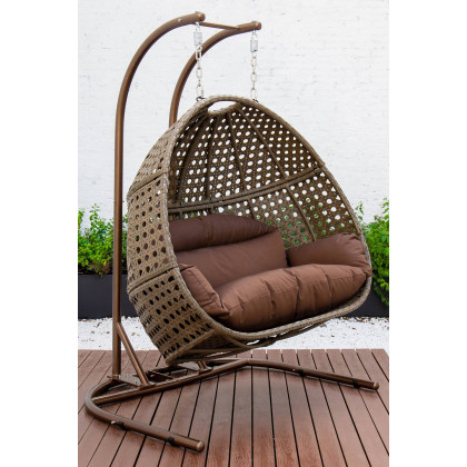 LeisureMod Wicker Hanging Double Egg Beige Swing Chair - Dark Brown