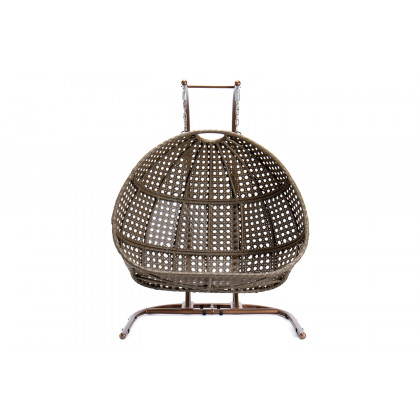 LeisureMod Wicker Hanging Double Egg Beige Swing Chair - Dark Brown