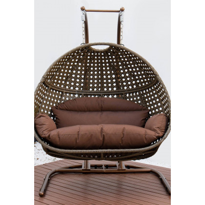 LeisureMod Wicker Hanging Double Egg Beige Swing Chair - Dark Brown