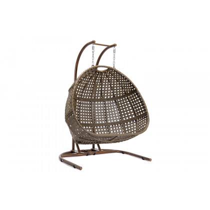 LeisureMod Wicker Hanging Double Egg Beige Swing Chair - Dark Brown