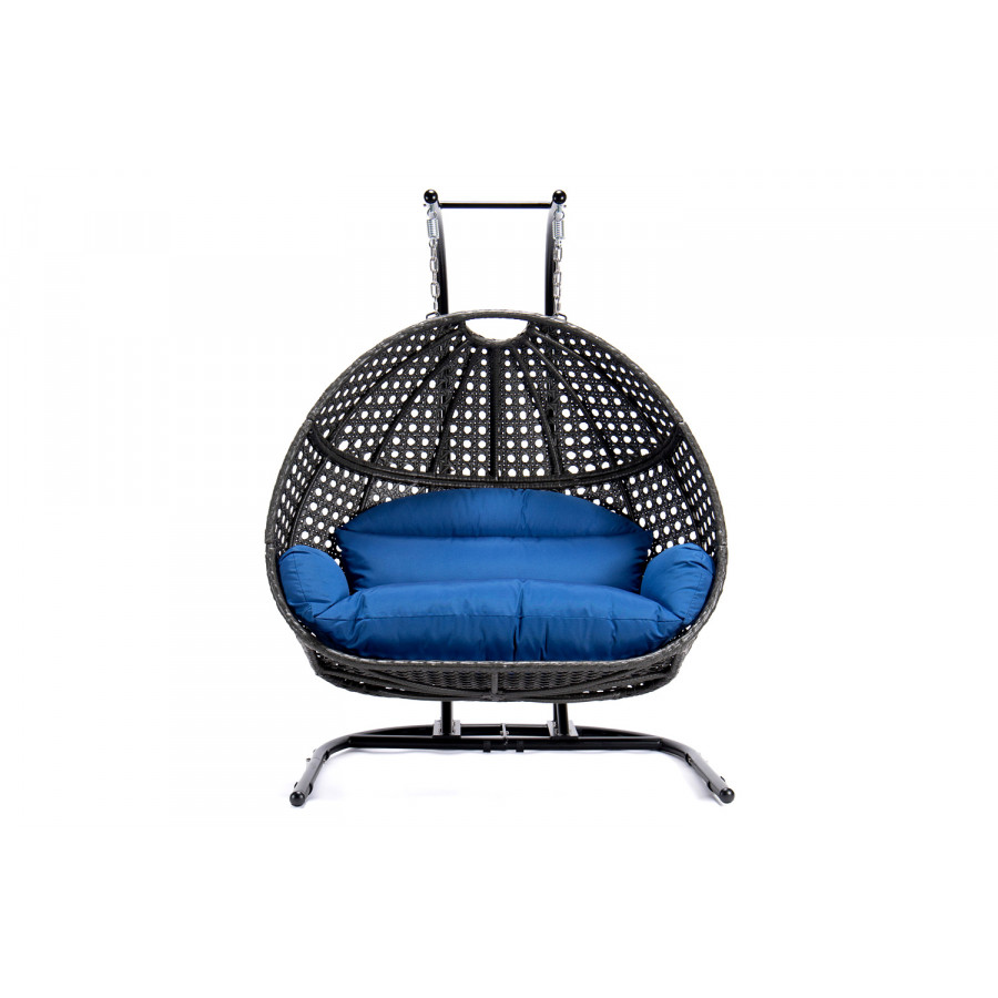 LeisureMod Wicker Hanging Double Egg Charcoal Swing Chair - Blue