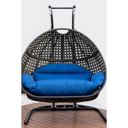 LeisureMod Wicker Hanging Double Egg Charcoal Swing Chair - Blue