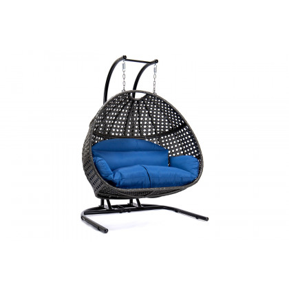 LeisureMod Wicker Hanging Double Egg Charcoal Swing Chair - Blue