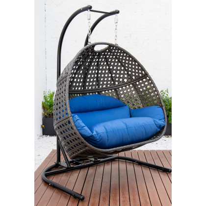 LeisureMod Wicker Hanging Double Egg Charcoal Swing Chair - Blue