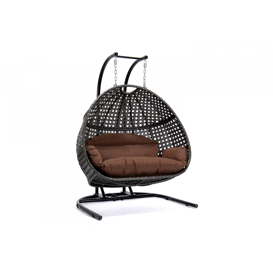 LeisureMod Wicker Hanging Double Egg Charcoal Swing Chair - Dark Brown