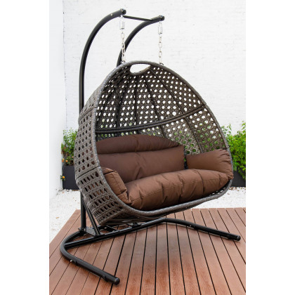 LeisureMod Wicker Hanging Double Egg Charcoal Swing Chair - Dark Brown