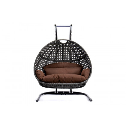 LeisureMod Wicker Hanging Double Egg Charcoal Swing Chair - Dark Brown