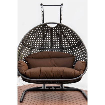 LeisureMod Wicker Hanging Double Egg Charcoal Swing Chair - Dark Brown