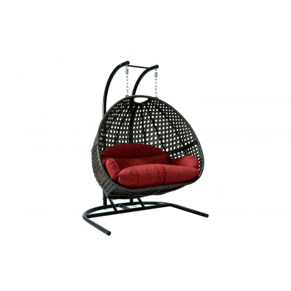 LeisureMod Wicker Hanging Double Egg Charcoal Swing Chair - Dark Red