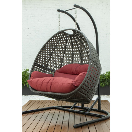 LeisureMod Wicker Hanging Double Egg Charcoal Swing Chair - Dark Red