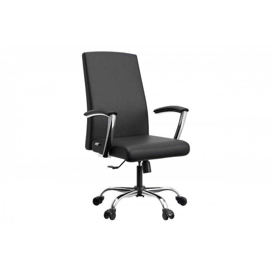 LeisureMod Evander Mid-Century Modern Swivel Office Chair in Faux Leather with Adjustable Height - Black
