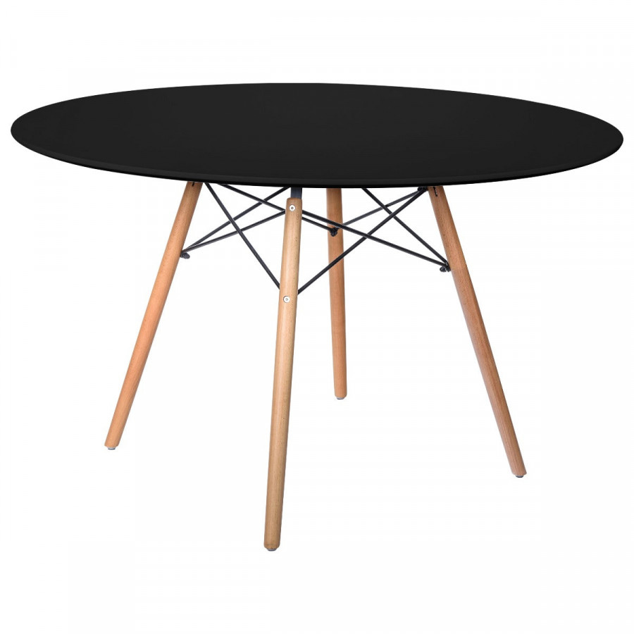 LeisureMod Dover Round Wooden Top Dining Table with Natural Wood Eiffel Base - Black