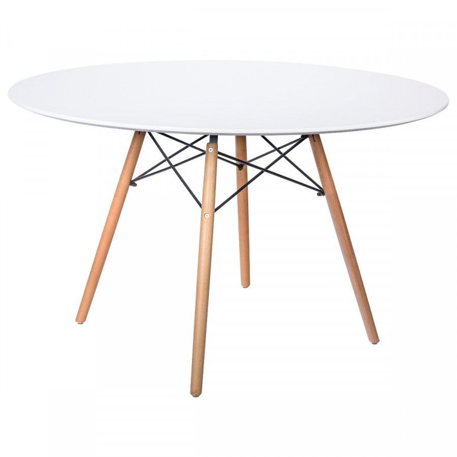 LeisureMod Dover Round Wooden Top Dining Table with Natural Wood Eiffel Base - White