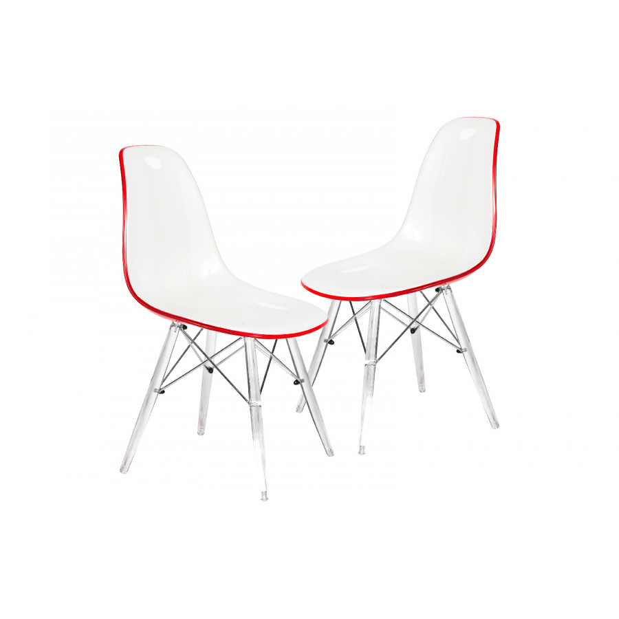 LeisureMod Dover Molded Side Chair With Acrylic Base (Set Of 2) - White Red