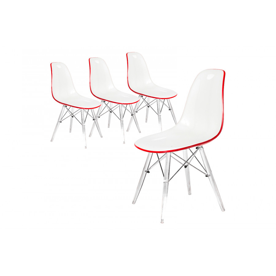 LeisureMod Dover Molded Side Chair With Acrylic Base (Set Of 4) - White Red