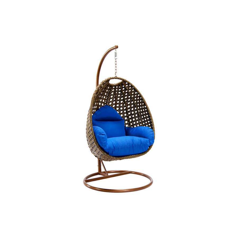 LeisureMod Beige Wicker Hanging Single Egg Swing Chair - Blue