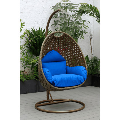 LeisureMod Beige Wicker Hanging Single Egg Swing Chair - Blue