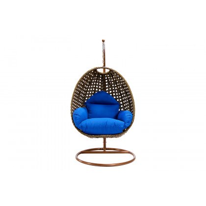 LeisureMod Beige Wicker Hanging Single Egg Swing Chair - Blue