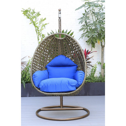 LeisureMod Beige Wicker Hanging Single Egg Swing Chair - Blue