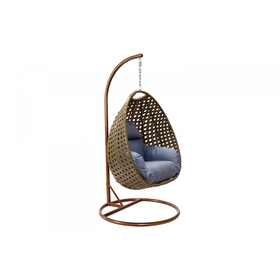 LeisureMod Beige Wicker Hanging Single Egg Swing Chair - Charcoal/Blue