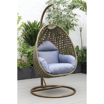 LeisureMod Beige Wicker Hanging Single Egg Swing Chair - Charcoal/Blue
