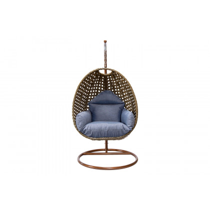 LeisureMod Beige Wicker Hanging Single Egg Swing Chair - Charcoal/Blue