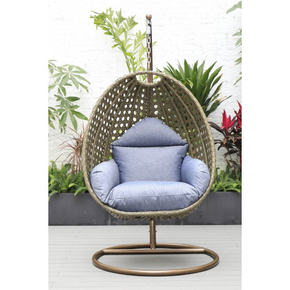 LeisureMod Beige Wicker Hanging Single Egg Swing Chair - Charcoal/Blue