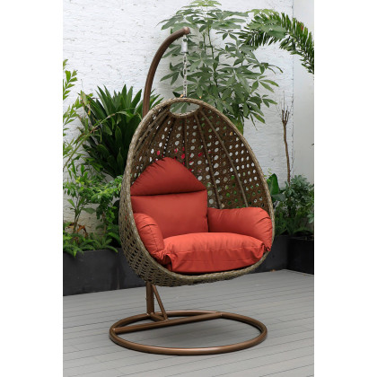 LeisureMod Beige Wicker Hanging Single Egg Swing Chair - Cherry