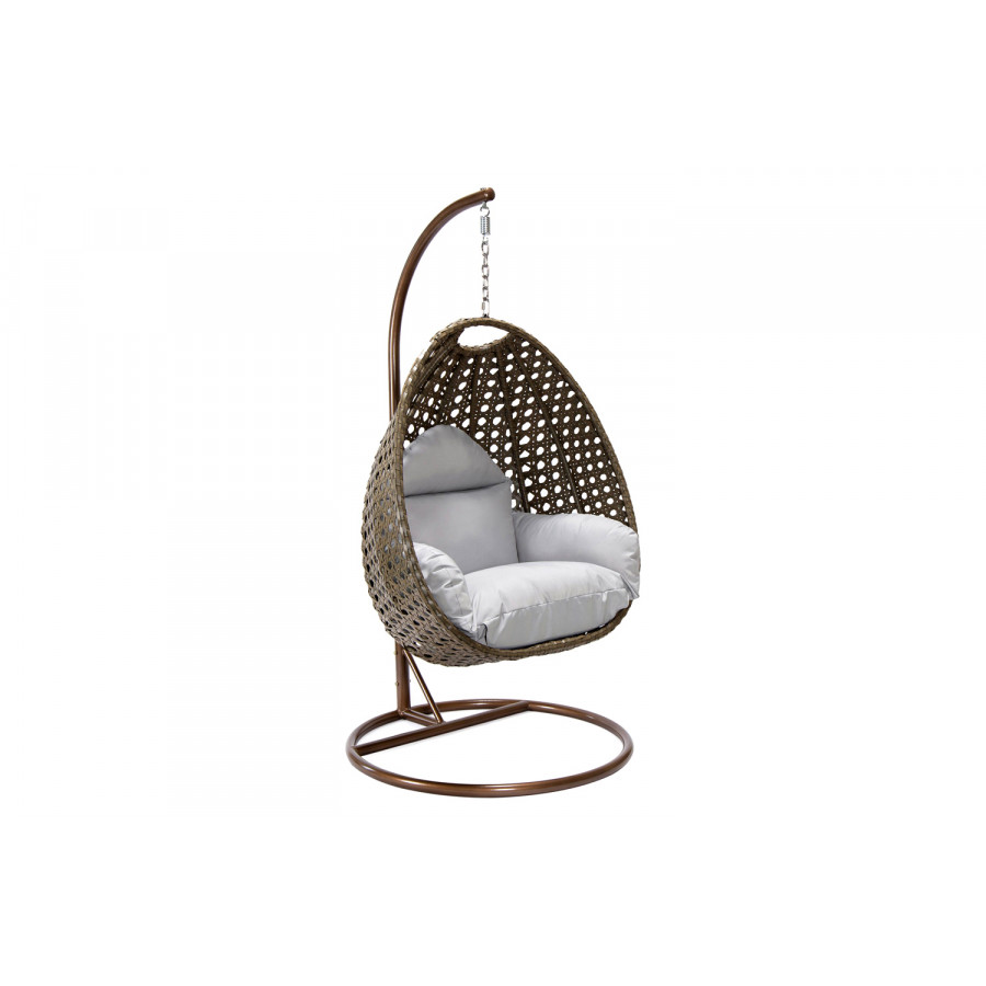 LeisureMod Beige Wicker Hanging Single Egg Swing Chair - Light Gray