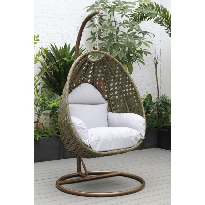 LeisureMod Beige Wicker Hanging Single Egg Swing Chair - Light Gray