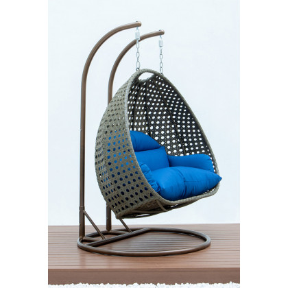 LeisureMod Modern Beige Wicker Hanging Double Seater Egg Swing Chair - Blue