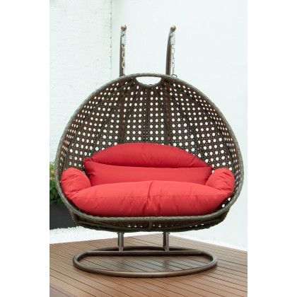 LeisureMod Modern Beige Wicker Hanging Double Seater Egg Swing Chair - Red