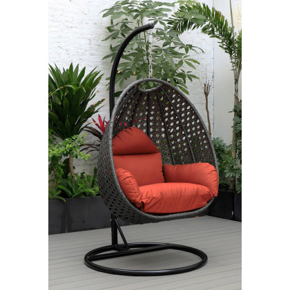 LeisureMod Charcoal Wicker Hanging Single Egg Swing Chair with Cushions - Cherry