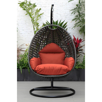 LeisureMod Charcoal Wicker Hanging Single Egg Swing Chair with Cushions - Cherry