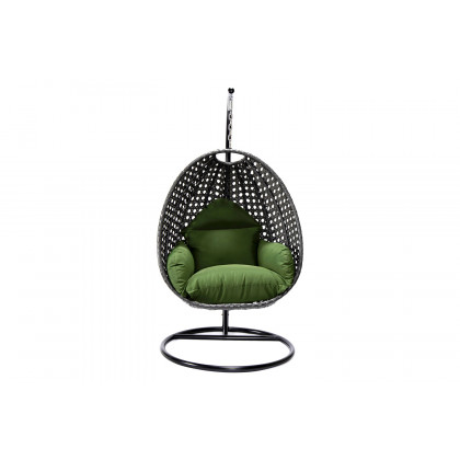 LeisureMod Charcoal Wicker Hanging Single Egg Swing Chair with Cushions - Dark Green