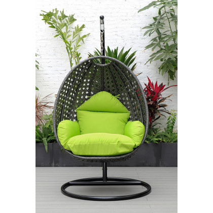 LeisureMod Charcoal Wicker Hanging Single Egg Swing Chair with Cushions - Light Green