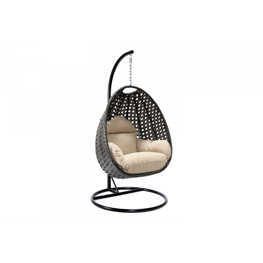 LeisureMod Charcoal Wicker Hanging Single Egg Swing Chair with Cushions - Taupe