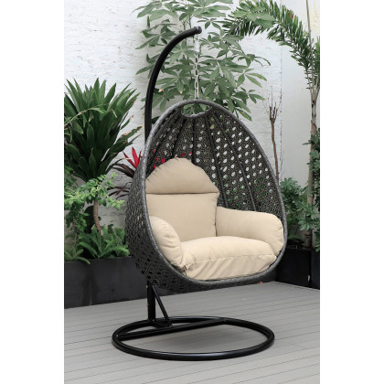 LeisureMod Charcoal Wicker Hanging Single Egg Swing Chair with Cushions - Taupe