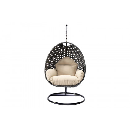 LeisureMod Charcoal Wicker Hanging Single Egg Swing Chair with Cushions - Taupe