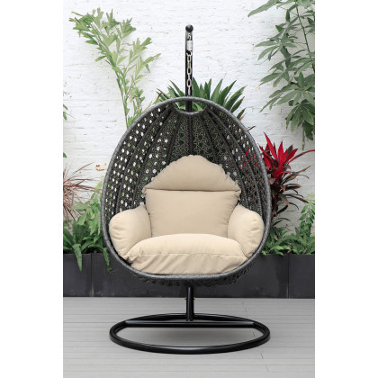 LeisureMod Charcoal Wicker Hanging Single Egg Swing Chair with Cushions - Taupe
